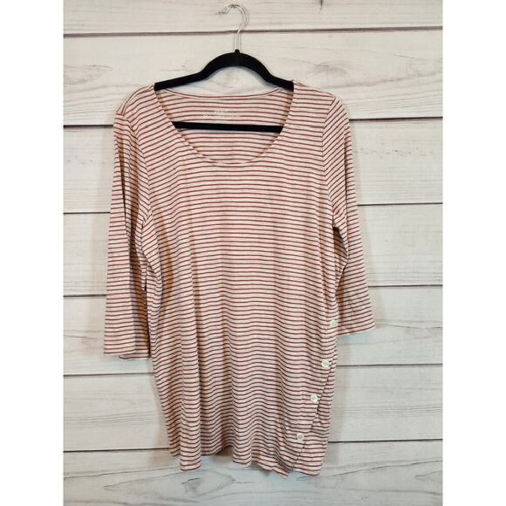 J.Jill Pure Womens Red Striped 3/4‎ Sleeve Asymmetric Button Tunic Top  L Petite